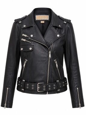 Michael Kors Black Leather Biker Jacket with Belt